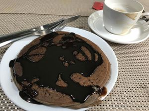 chocolate pancake & cappuccino  at Aakama in Manali