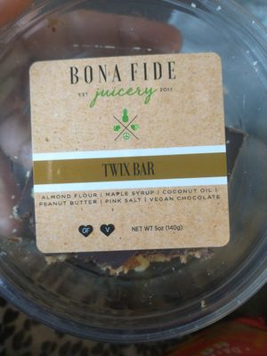 Gluten free, vegan twix bar.. awesome ingredients. at Bona Fide Juicery in Appleton