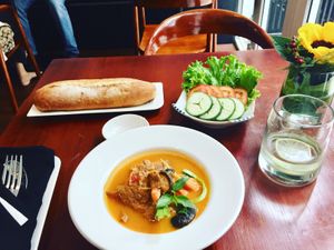 Special of the day - veg stew with textured veg protein. Came with delicious warm bread to dip and salad. at Mud Bistro in Da Nang