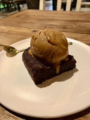 Warm brownie & coffee ice cream - so good! at Vistro in Bangkok
