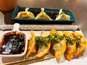 Fried Gyoza w/ Asian Salsa Verde & Yin & Yang at Vistro in Bangkok