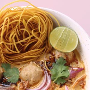 Khun Yai's Khao Soi
Vegan egg noodles with yellow curry soup, chilli oil, crispy noodles, tofu 'chicken' stick  at Vistro in Bangkok