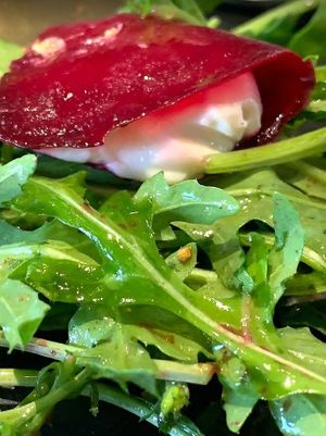 Closeup View - Beet Ravioli Salad at Vistro in Bangkok
