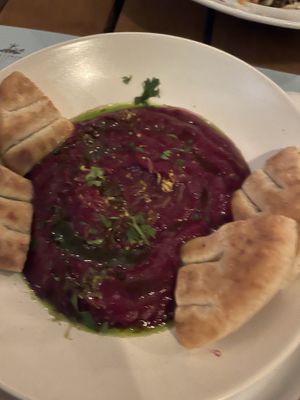 Beetroot hummus  at Artesanal in Skiathos