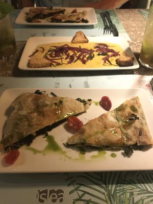 Spinach filo pies and fava dip  at Artesanal in Skiathos