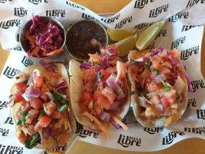 Tempura Cauliflower Tacos w/added chickpea chorizo USD$12 at Dilla Libre in Scottsdale