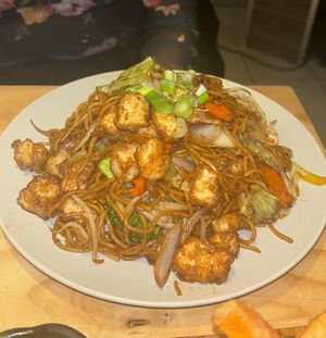 Tofu stir-fry homemade noodles   at Nos Thés in Montreal