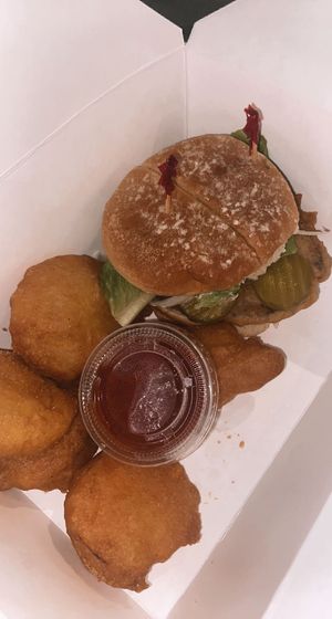 ocean fillet burger w fried yams!  at Loving Hut in Orlando