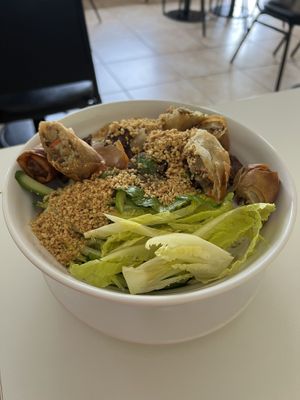 Saigon Noodle-Rice noodles, spring rolls, TVP, green onion, bean sprouts, lettuce, topped with roasted peanuts.  at Loving Hut in Orlando