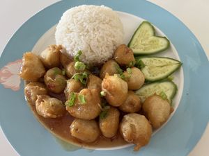 Orange Yogi-Tempura soy protein, orange yogi sauce, cucumber, and green onion. Served with white rice.  at Loving Hut in Orlando