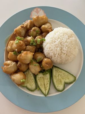 Orange Yogi-Tempura soy protein, orange yogi sauce, cucumber, and green onion. Served with white rice.  at Loving Hut in Orlando