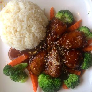 Sizzling Drumsticks; soy protein, mushroom sauce, steamed veggies & white rice at Loving Hut in Orlando