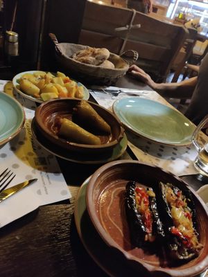Stuffed aubergines, stuffed peppers and baked potatoes at Te Fisi in Shkoder