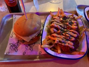 Beans burger and jackfruit fries  at The Boozy Cow in Edinburgh