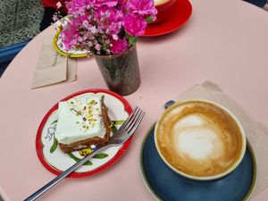 Delicious carrot cake and a flat white at Parlé Pantry in West London