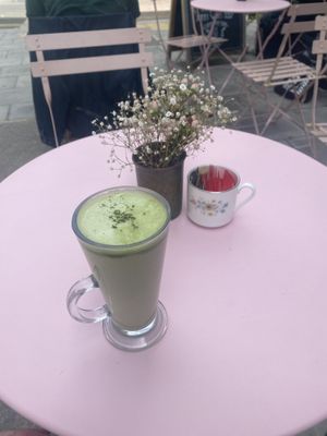 Matcha latte with almond milk   at Parlé Pantry in West London