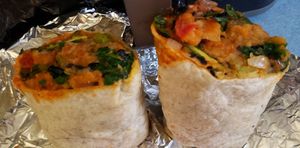 Killer Vegan Burrito (high calorie, well filling) potatoes, spinach, all kinds of veggies, avo, this rocks at Compass Rose Cafe in Brookings