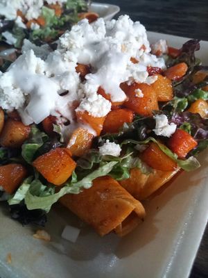 Tacos rojos, platillo regional at La Bicla Vegana in San Luis Potosi