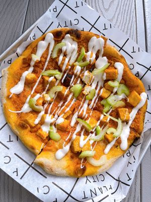 Buffalo tofu chikn pizza with blue cheez drizzle! at Plant City in Providence