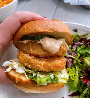 My absolute fav- tofu chicken burger  at Plant City in Providence