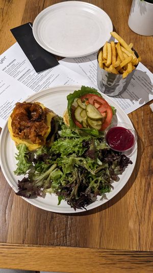Burger with fries and beet ketchup at Plant City in Providence