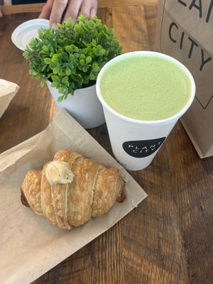 Lavender matcha latte with almond croissant at Plant City in Providence