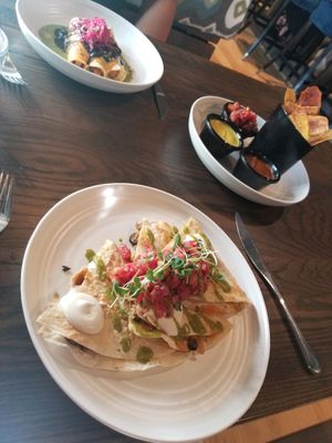 Quesadilla and plantain chips at Plant City in Providence