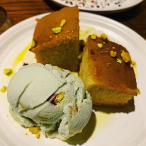 Olive oil cake and pistachio gelato from Double Zero at Plant City in Providence
