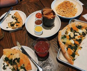Vegan Spread: Bianca Pizza, Chips + Salsa, Cacio e Pepe Pasta at Plant City in Providence