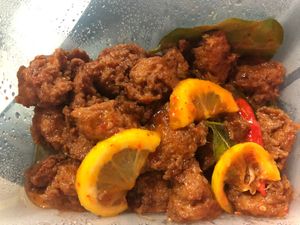 [takeaway] spicy thai basil lemon chicken $13 👍🏻👍🏻👍🏻 not super spicy, tastes v legit! at Food in The Woods 小树林 in Northeast Singapore