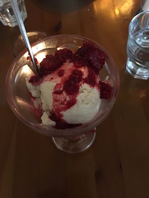 plant-based ice cream with hot raspberries at The Yellow Pepper in Letterkenny