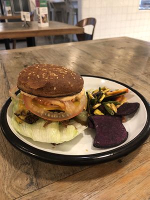 The burger with vegetable crisps  at Wild & The Moon - Emmar in Dubai