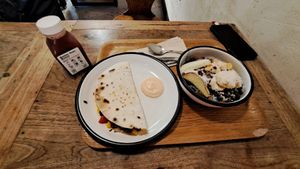 Quesadilla and blue spirulina smoothie at Wild & The Moon - Emmar in Dubai