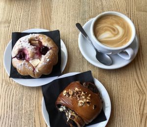 Vegan buns and a capuccino  at Piekarnia Aromat in Warsaw