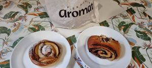 Peach and pistachio pastry and chocolate hazelnut pastry at Piekarnia Aromat in Warsaw