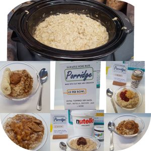 Delicious Porridge made with Oat Milk and served with any kind of topping including fruit, Vego Spread, Peanut Butter, Jam, Biscoff, Apples cooked in Cinnamon. at Kawaffle in Plymouth