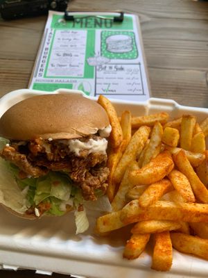 Cluck off burger. Crispy Oyster mushrooms yummy.  at Sacred Space in Hebden Bridge