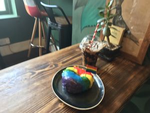 Vegan pride doughnut at Sacred Space in Hebden Bridge