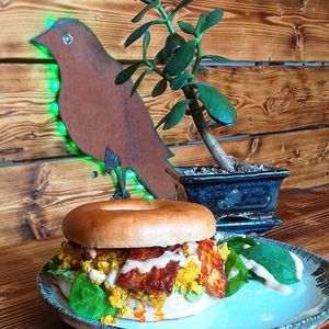 big vegan breakfast on a new york style bagel... breakfast of dreams   at Sacred Space in Hebden Bridge