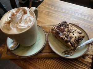 Pumpkin spiced latte and vanilla brownie  at Sacred Space in Hebden Bridge