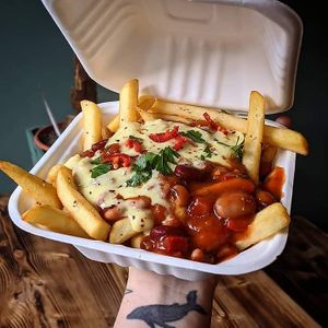 Loaded chilli cheese fries at Sacred Space in Hebden Bridge