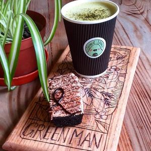 Mocha loaf and a matcha and mint latte at Sacred Space in Hebden Bridge