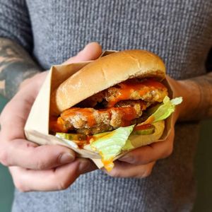 The 'cluck off' movk chicken burger made with oyster mushrooms and available as gluten free too. 🌱 at Sacred Space in Hebden Bridge