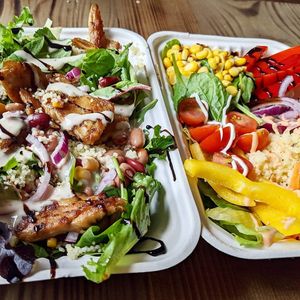 Protein salad and the Rainbow Salad  at Sacred Space in Hebden Bridge