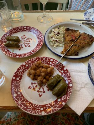 Chickpeas, vegetable tart, cabbage dumplings  at Yiasemi in Athens