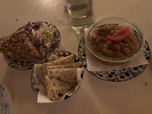 Chickpeas , pitta and veg tart  at Yiasemi in Athens