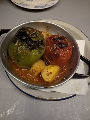 filled tomato and bell pepper at Yiasemi in Athens