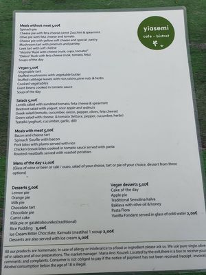 The menu at Yiasemi in Athens
