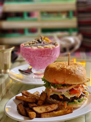 Red smoothie and burger at C-YA Vegan Food in Patan