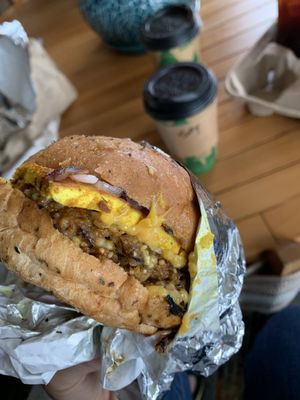 Vegan breakfast sandwich  at Labyrinth Press Company in Jamestown